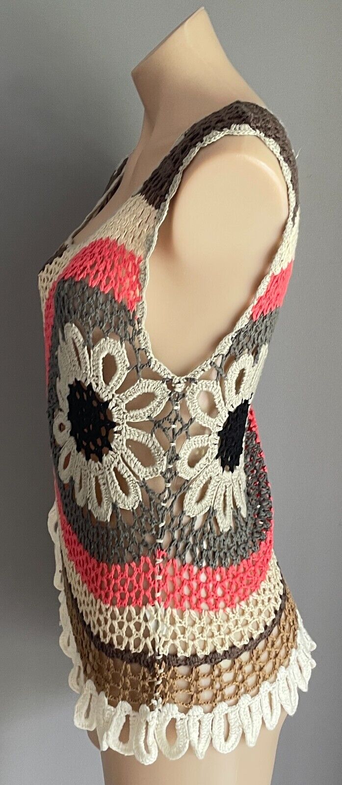 ICE Crochet Top Knitwear Open Knit Sleeveless Multicoloured Asymmetric M 10 Vtg