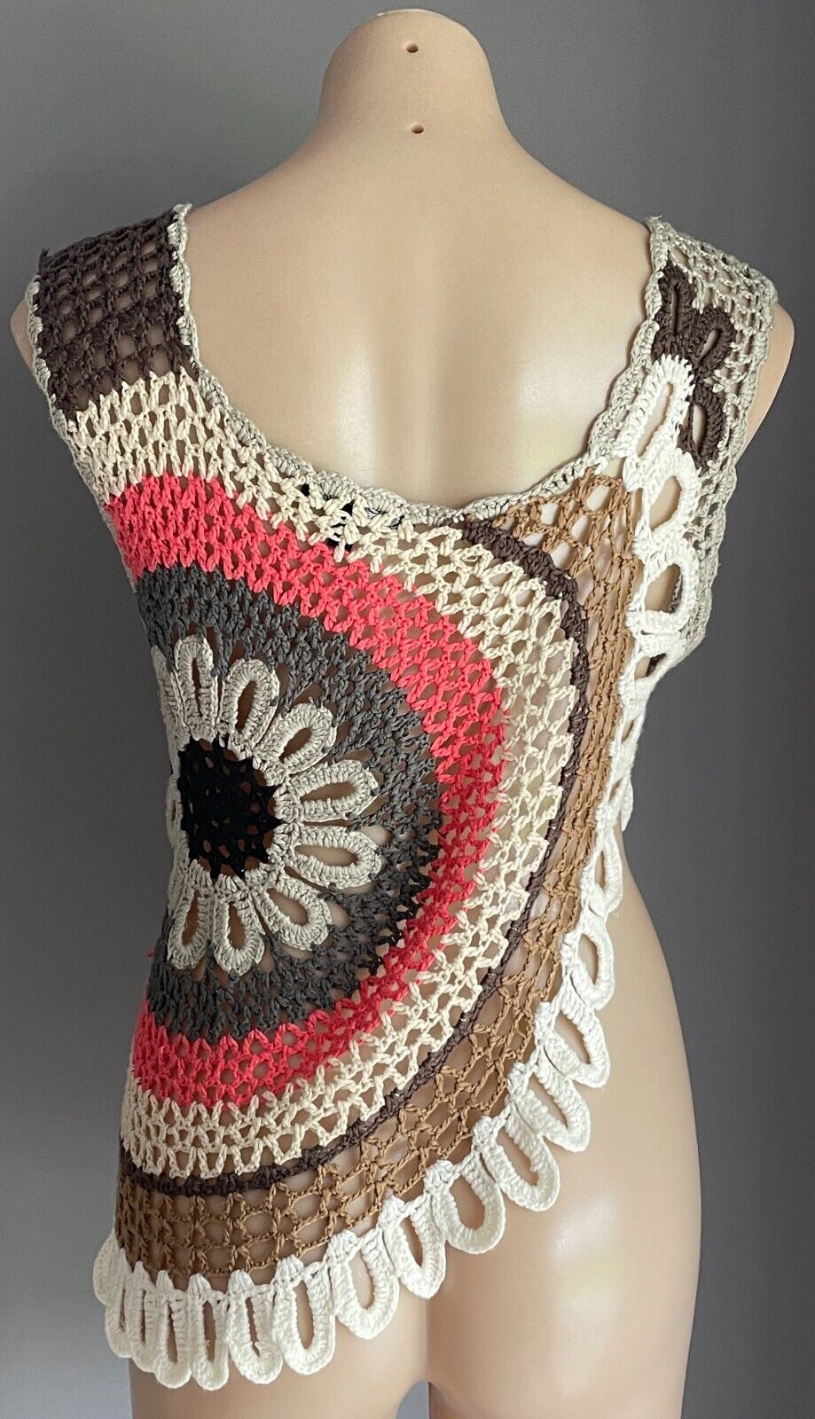 ICE Crochet Top Knitwear Open Knit Sleeveless Multicoloured Asymmetric M 10 Vtg