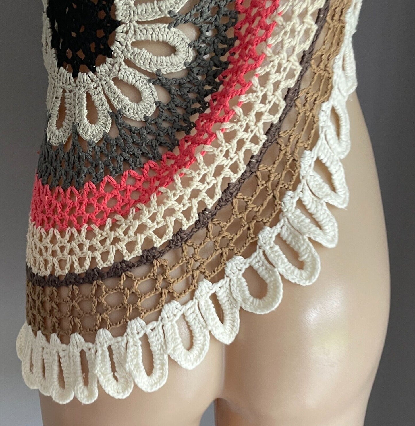 ICE Crochet Top Knitwear Open Knit Sleeveless Multicoloured Asymmetric M 10 Vtg