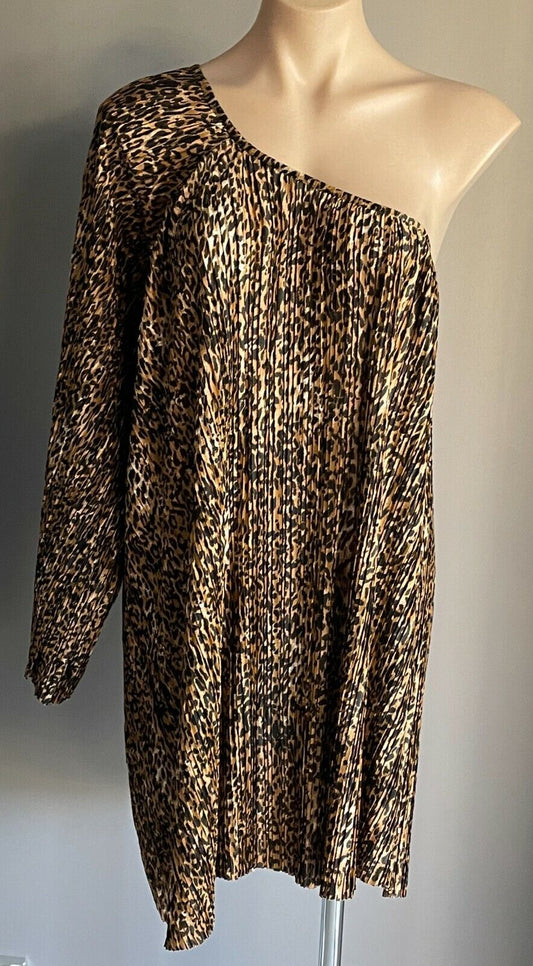 ICE FASHION Mini Dress Brown Black Leopard Micro Pleat One Shoulder Size M 10