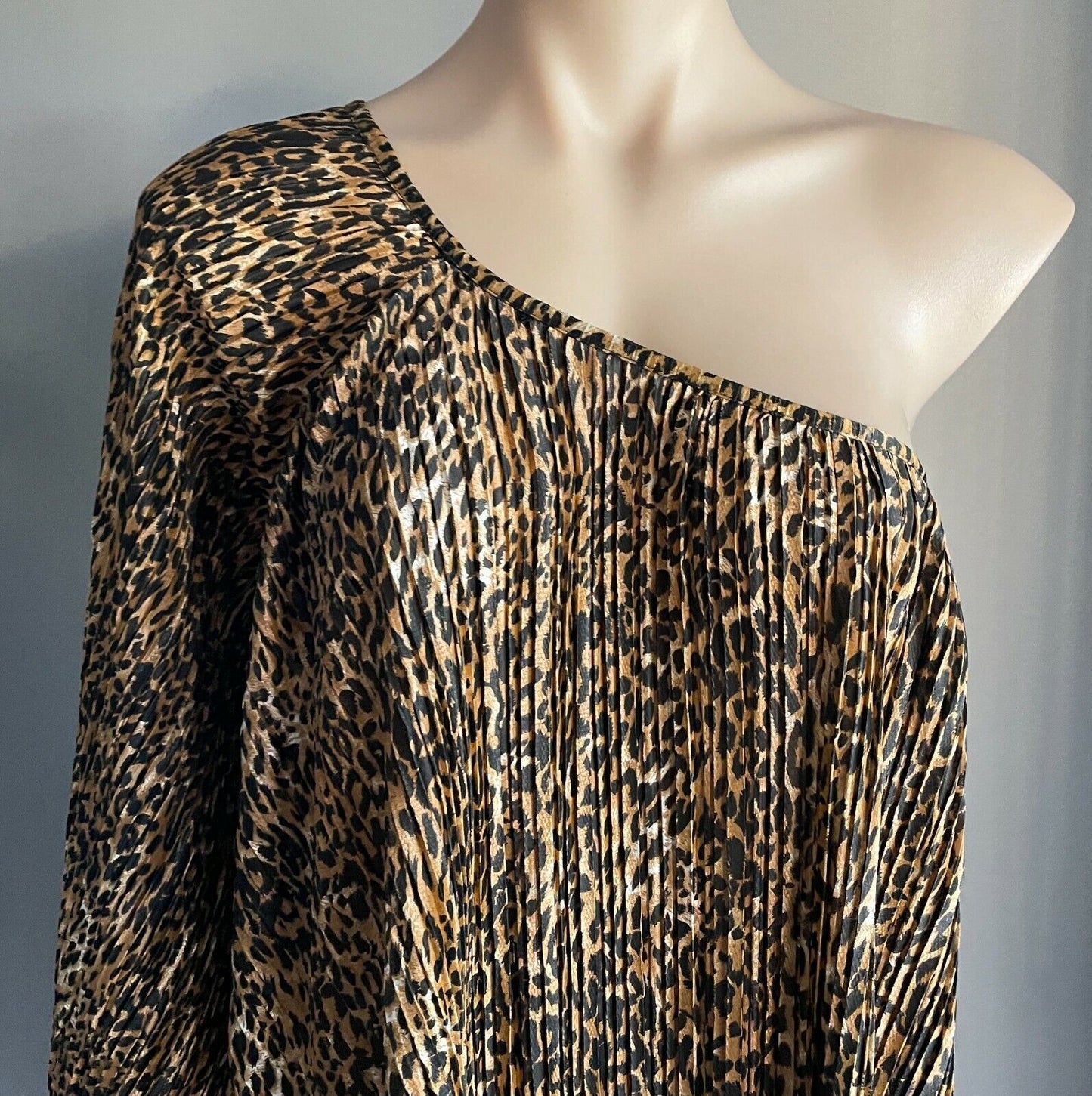 ICE FASHION Mini Dress Brown Black Leopard Micro Pleat One Shoulder Size M 10