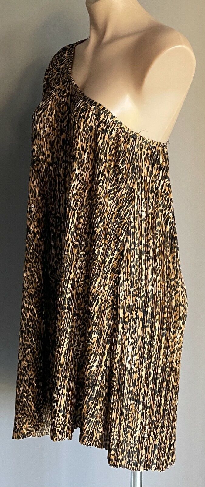 ICE FASHION Mini Dress Brown Black Leopard Micro Pleat One Shoulder Size M 10