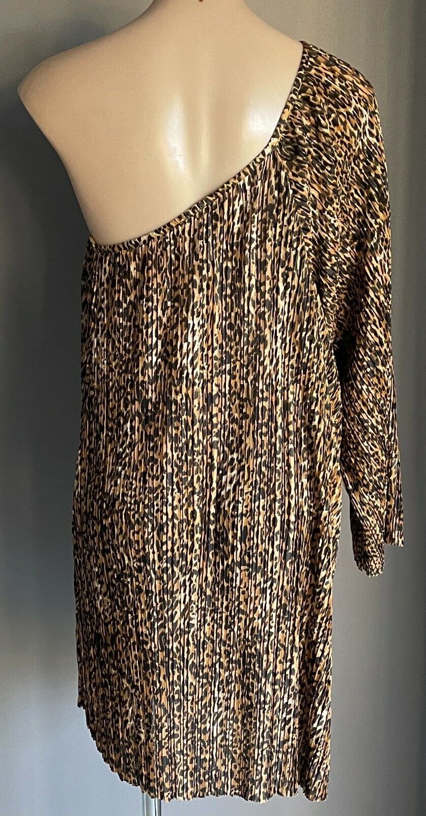 ICE FASHION Mini Dress Brown Black Leopard Micro Pleat One Shoulder Size M 10