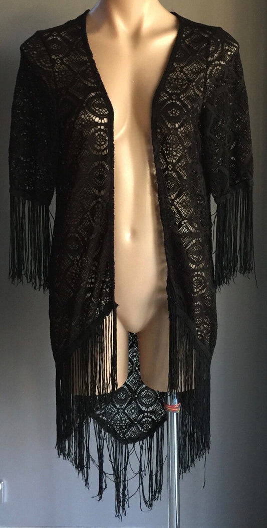 ICE FASHION Jacket Kimono Open Black Lace Short Sleeve w Fringe Size S 10 NEW