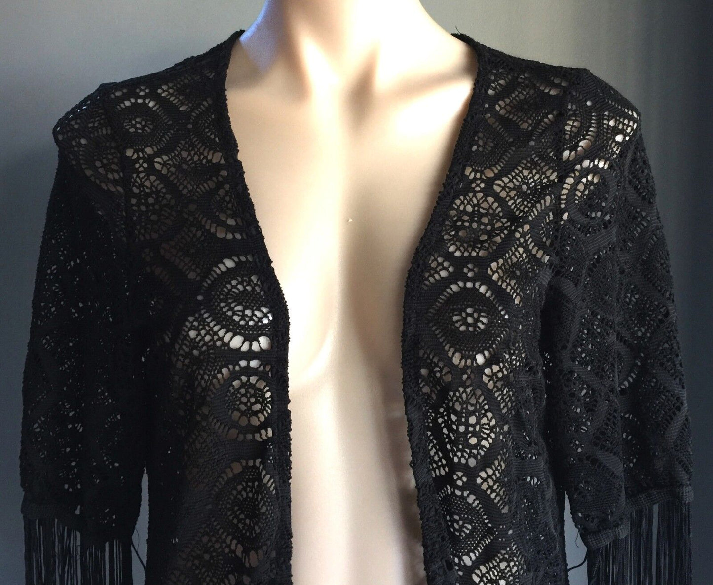ICE FASHION Jacket Kimono Open Black Lace Short Sleeve w Fringe Size S 10 NEW