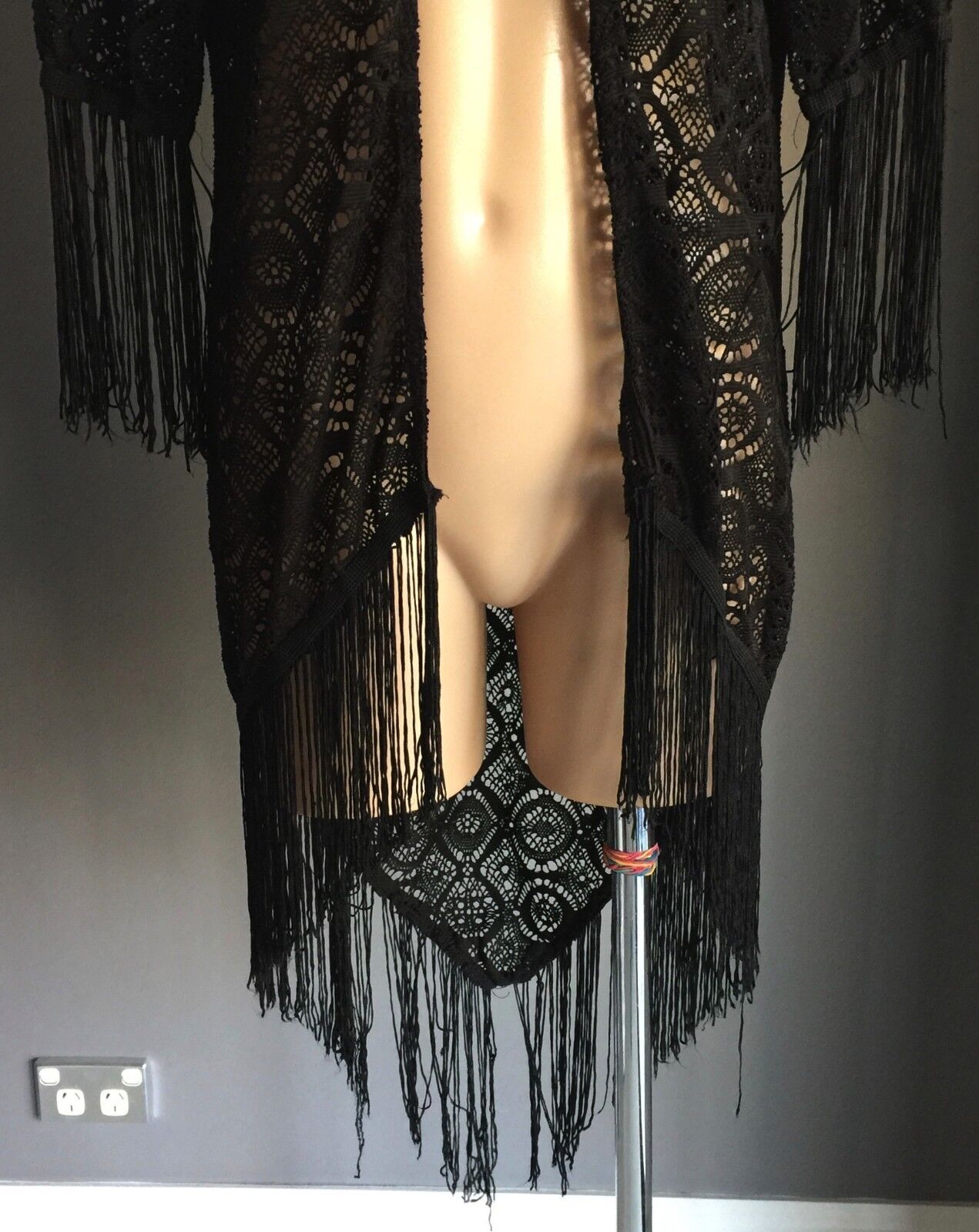 ICE FASHION Jacket Kimono Open Black Lace Short Sleeve w Fringe Size S 10 NEW