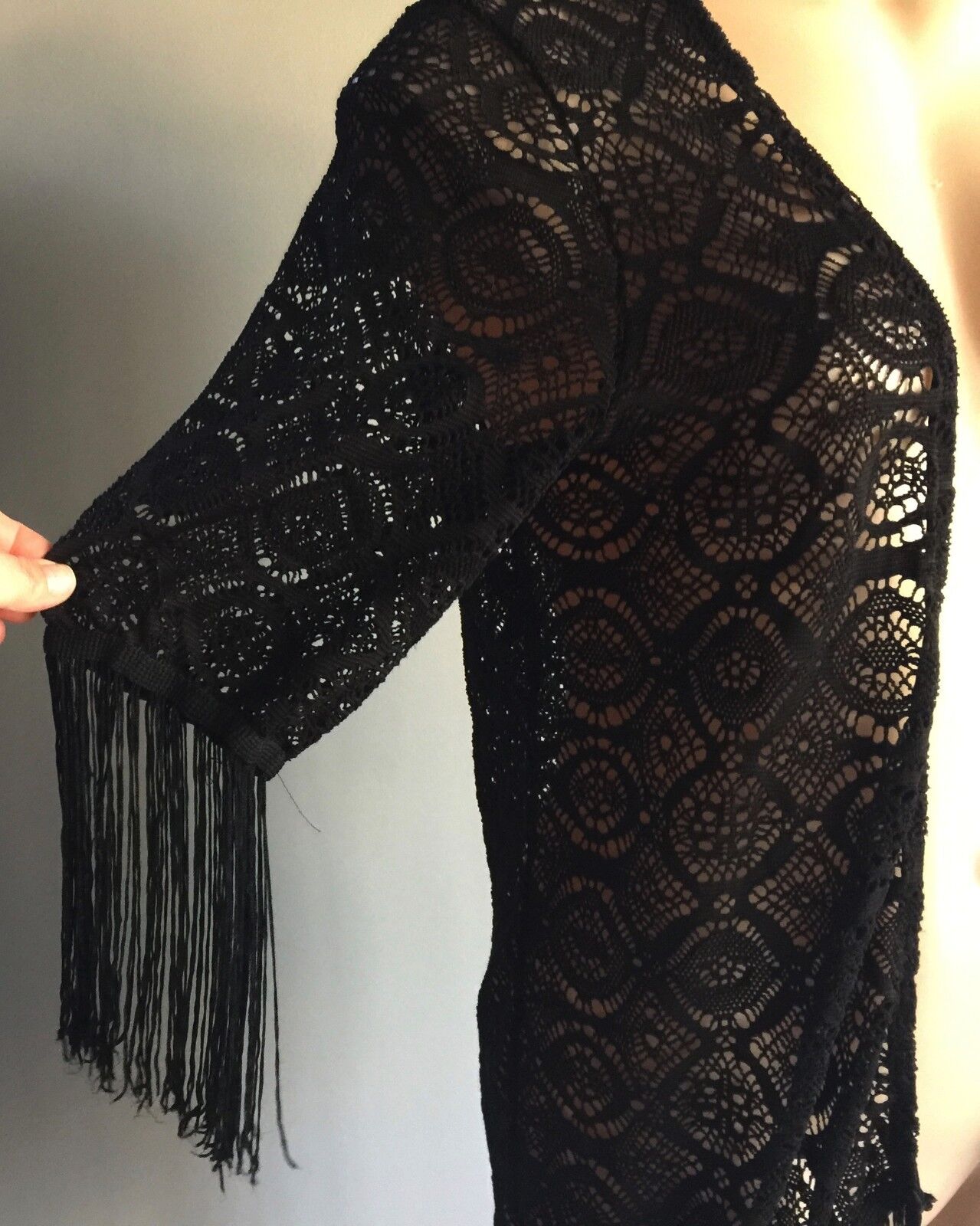 ICE FASHION Jacket Kimono Open Black Lace Short Sleeve w Fringe Size S 10 NEW