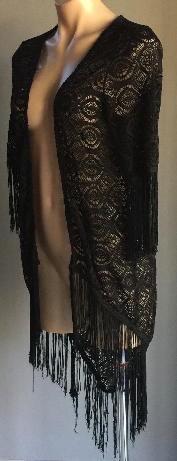 ICE FASHION Jacket Kimono Open Black Lace Short Sleeve w Fringe Size S 10 NEW