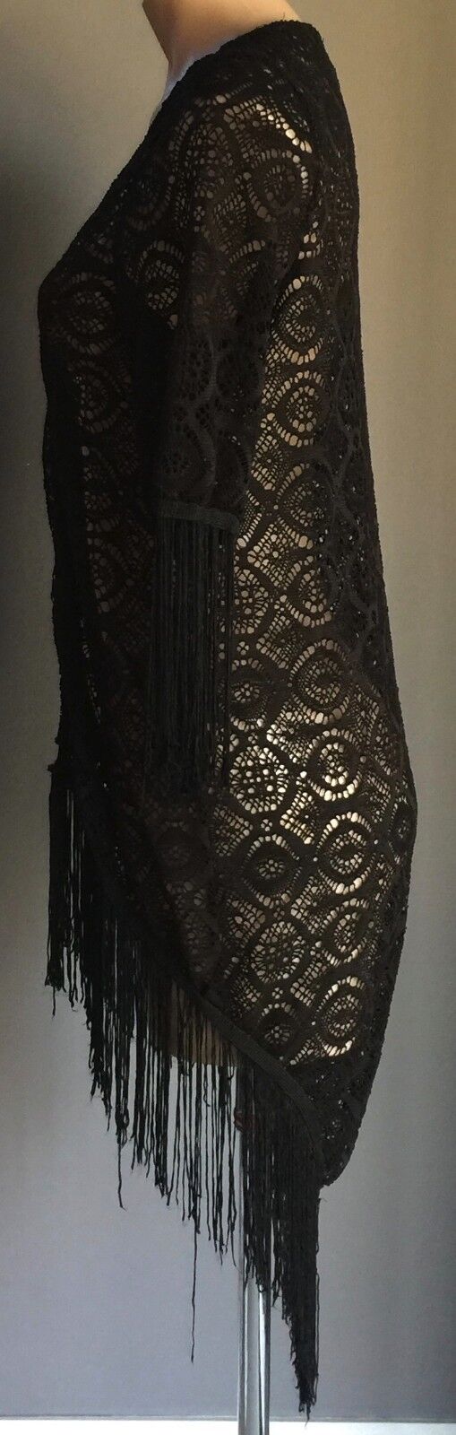 ICE FASHION Jacket Kimono Open Black Lace Short Sleeve w Fringe Size S 10 NEW