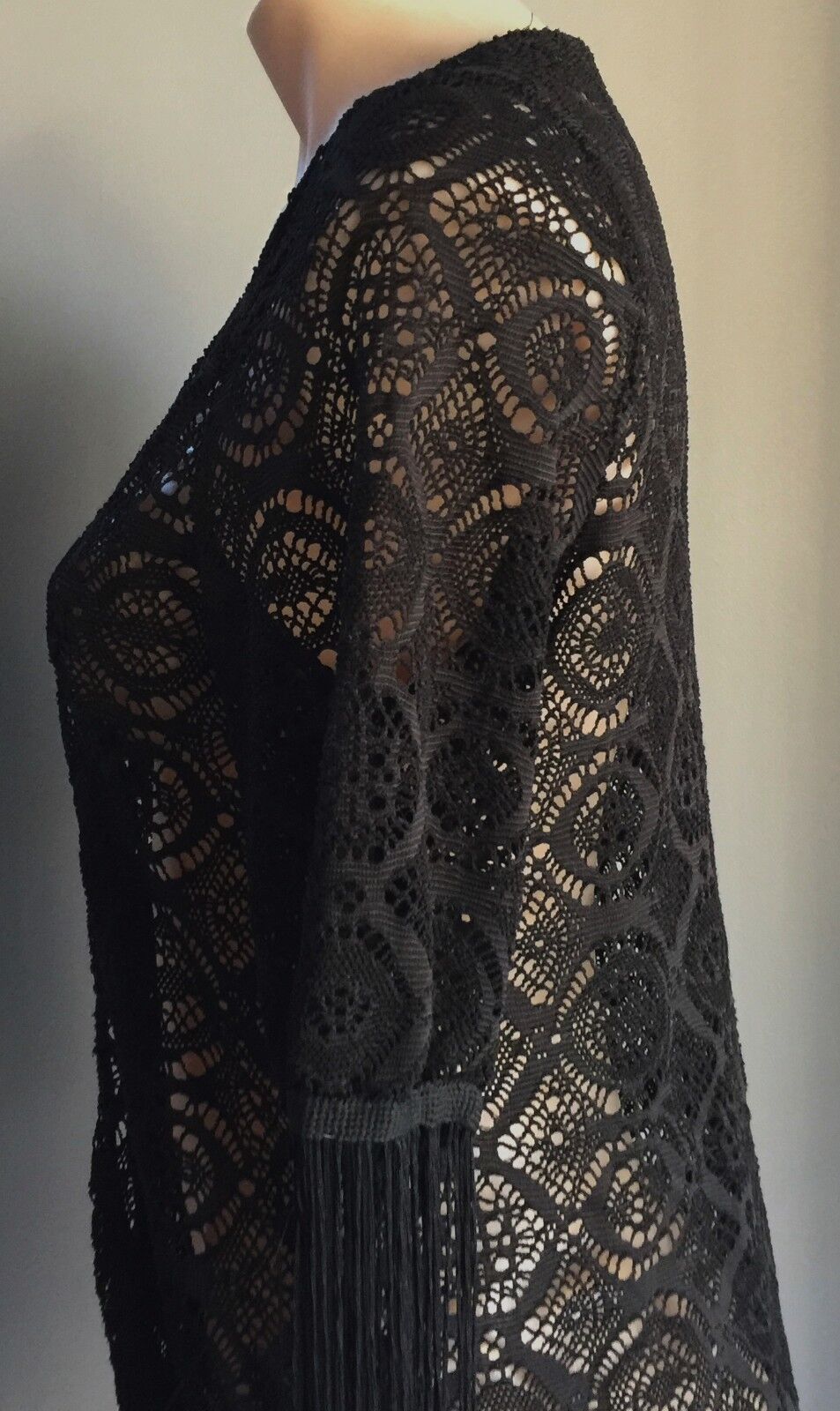 ICE FASHION Jacket Kimono Open Black Lace Short Sleeve w Fringe Size S 10 NEW