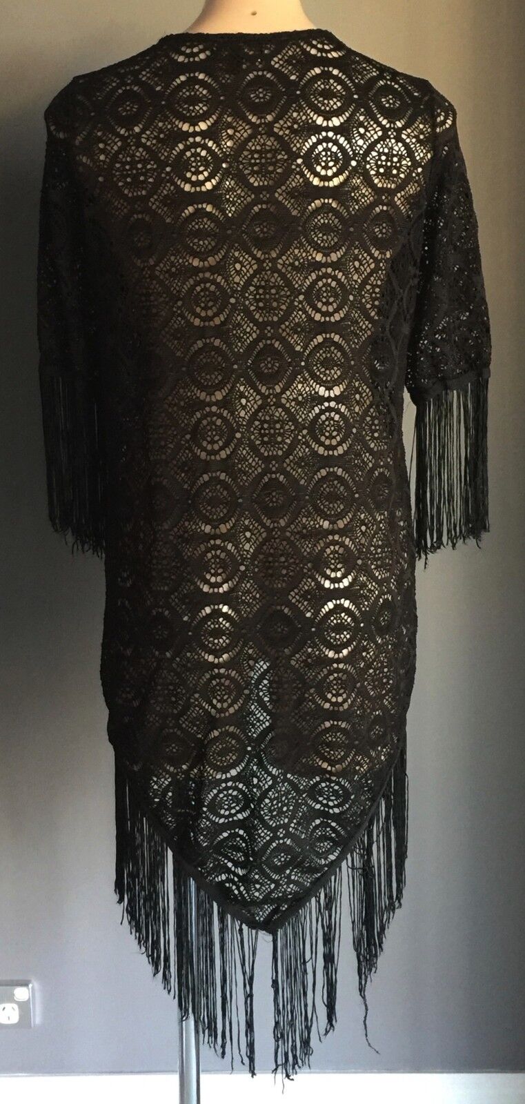 ICE FASHION Jacket Kimono Open Black Lace Short Sleeve w Fringe Size S 10 NEW