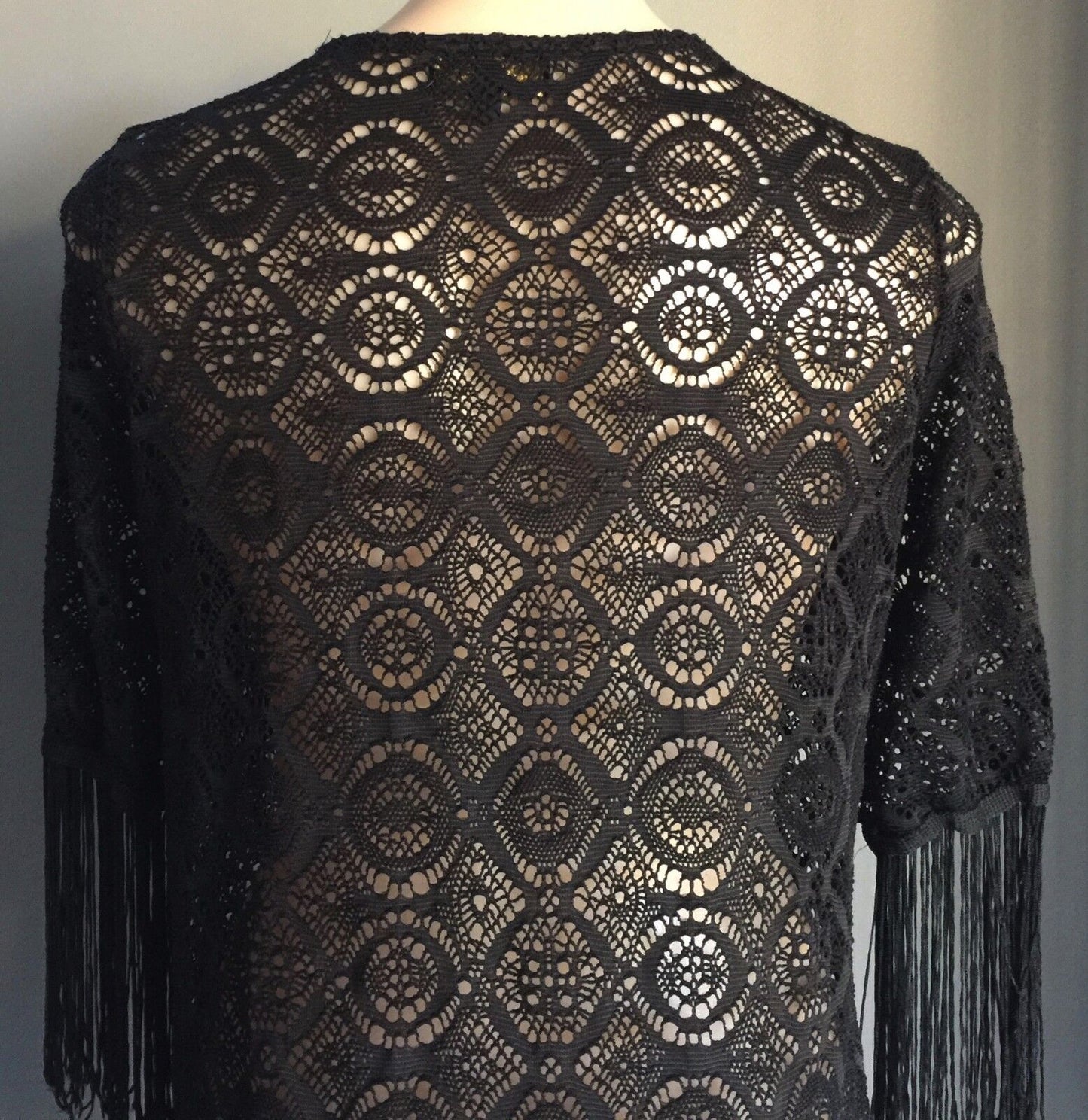 ICE FASHION Jacket Kimono Open Black Lace Short Sleeve w Fringe Size S 10 NEW