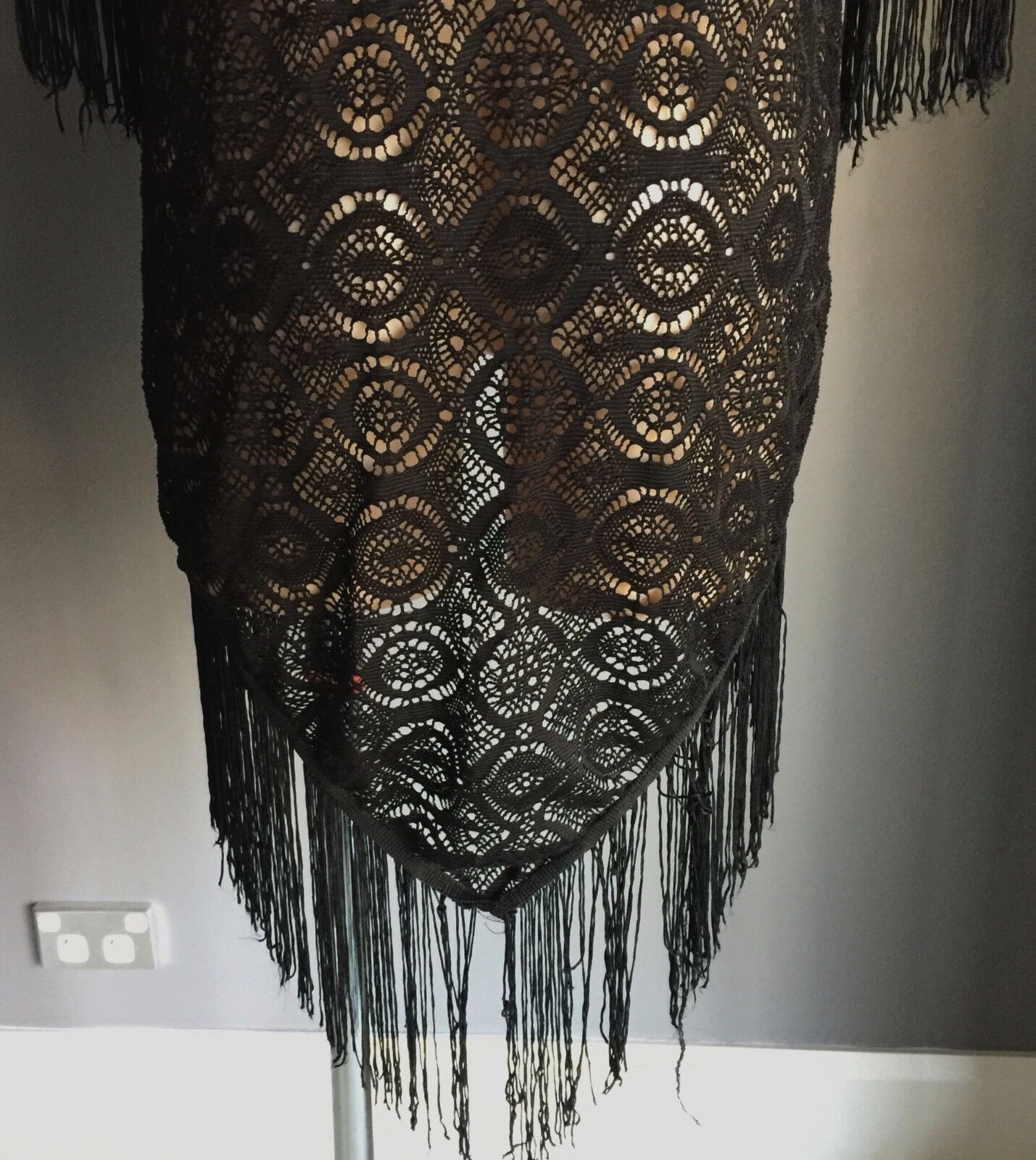 ICE FASHION Jacket Kimono Open Black Lace Short Sleeve w Fringe Size S 10 NEW
