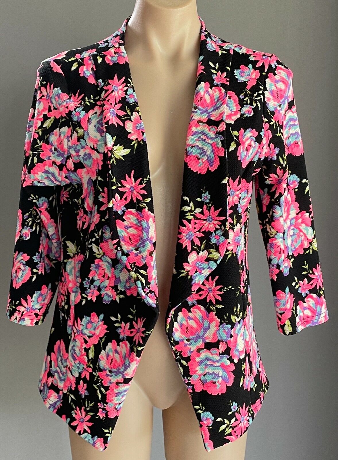 ICE FASHION Jacket MultiColoured Floral Print Collarless 3/4 Sleeve Sz XL 12 NEW