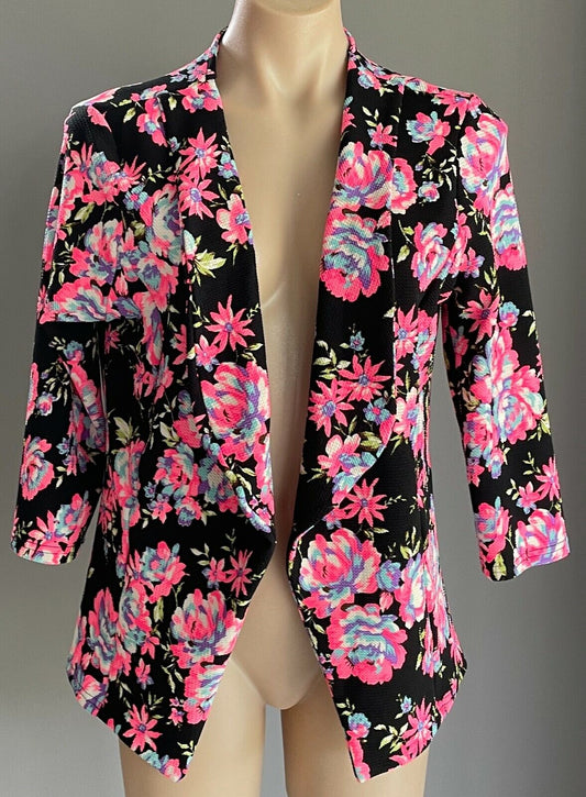 ICE FASHION Jacket MultiColoured Floral Print Collarless 3/4 Sleeve Sz XL 12 NEW