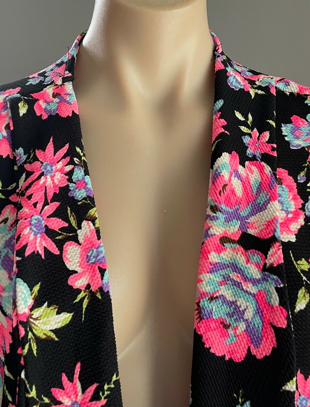 ICE FASHION Jacket MultiColoured Floral Print Collarless 3/4 Sleeve Sz XL 12 NEW
