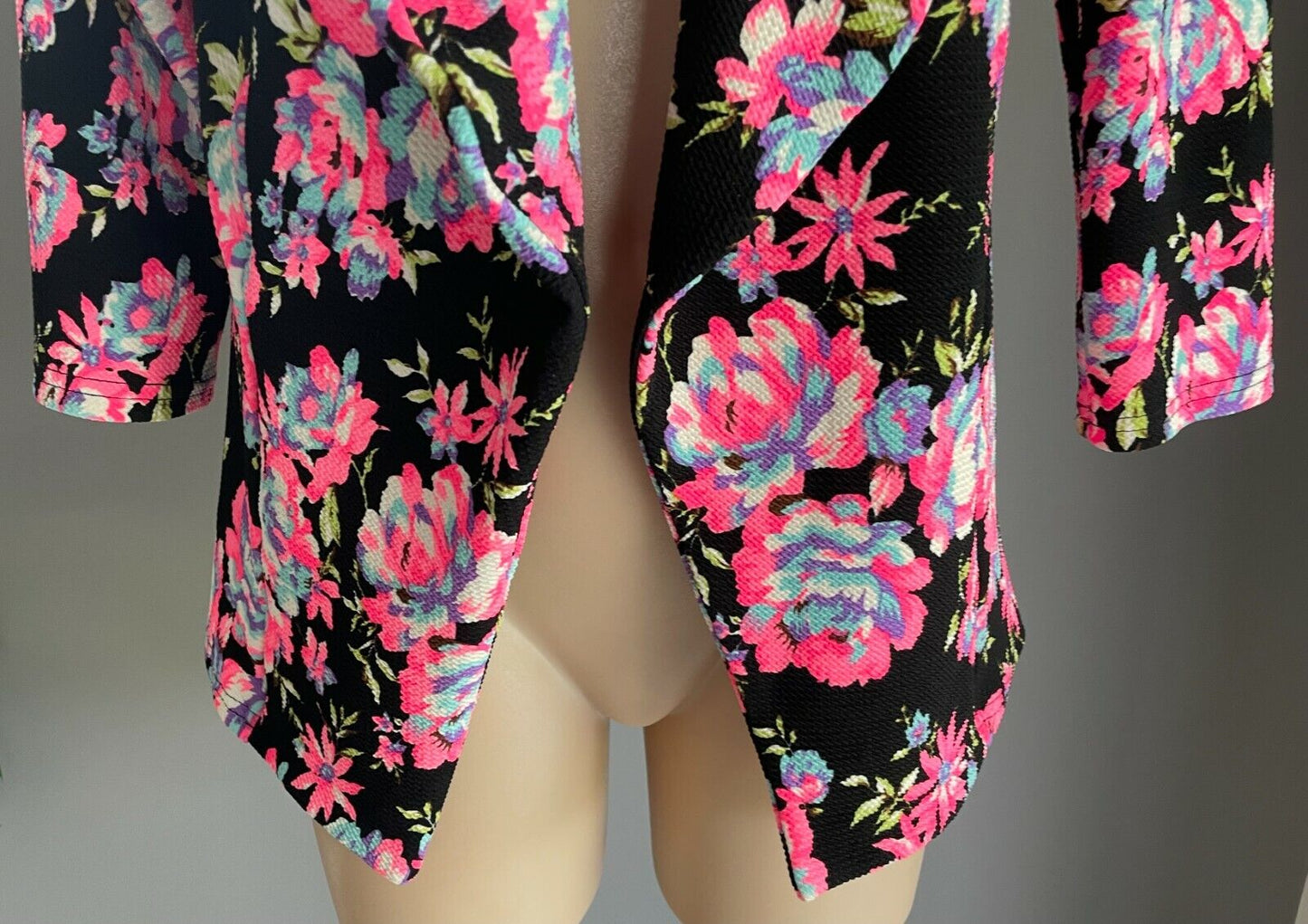 ICE FASHION Jacket MultiColoured Floral Print Collarless 3/4 Sleeve Sz XL 12 NEW