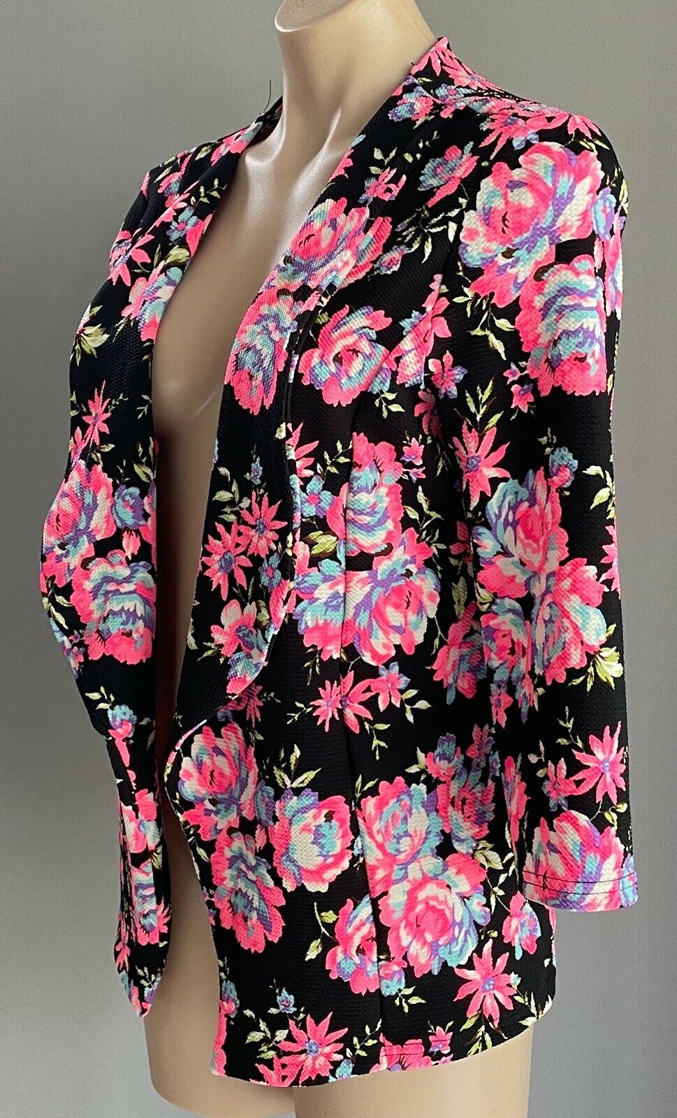 ICE FASHION Jacket MultiColoured Floral Print Collarless 3/4 Sleeve Sz XL 12 NEW