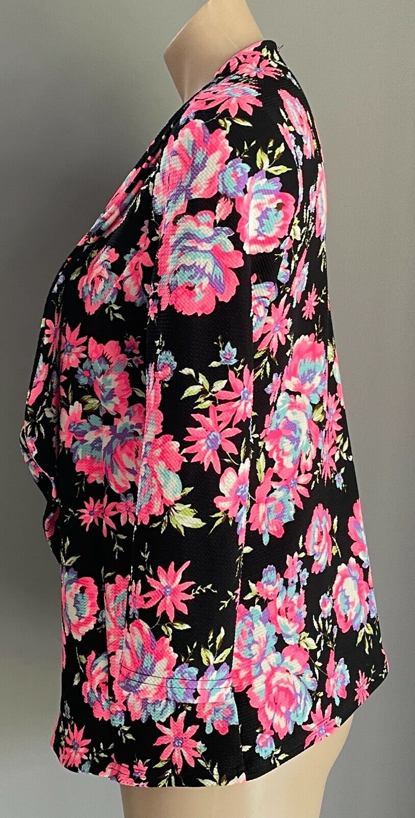 ICE FASHION Jacket MultiColoured Floral Print Collarless 3/4 Sleeve Sz XL 12 NEW