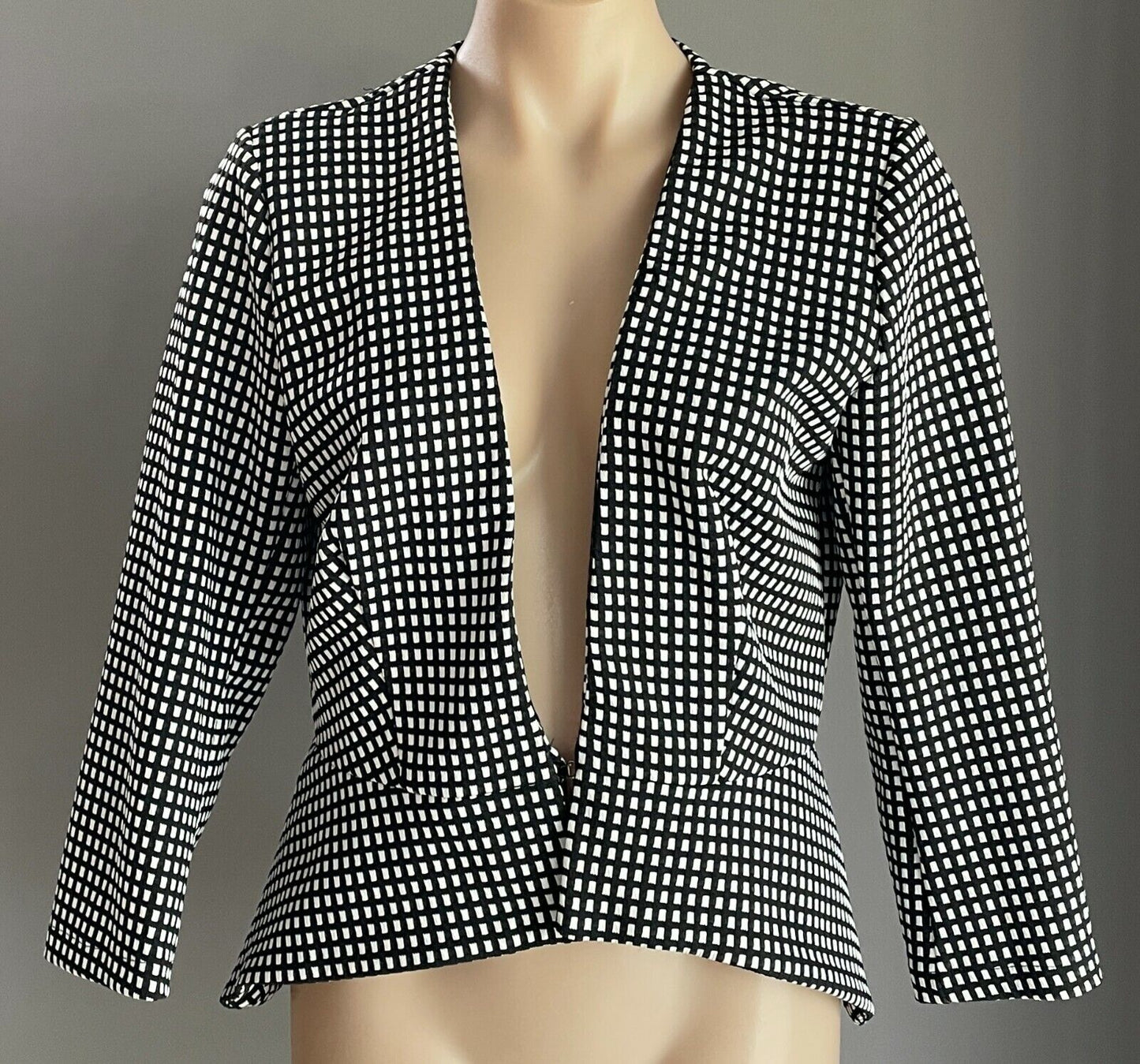 ICE FASHION Jacket Black White Check Print Collarless Long Sleeve Size XL 12 NEW