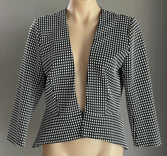 ICE FASHION Jacket Black White Check Print Collarless Long Sleeve Size XL 12 NEW