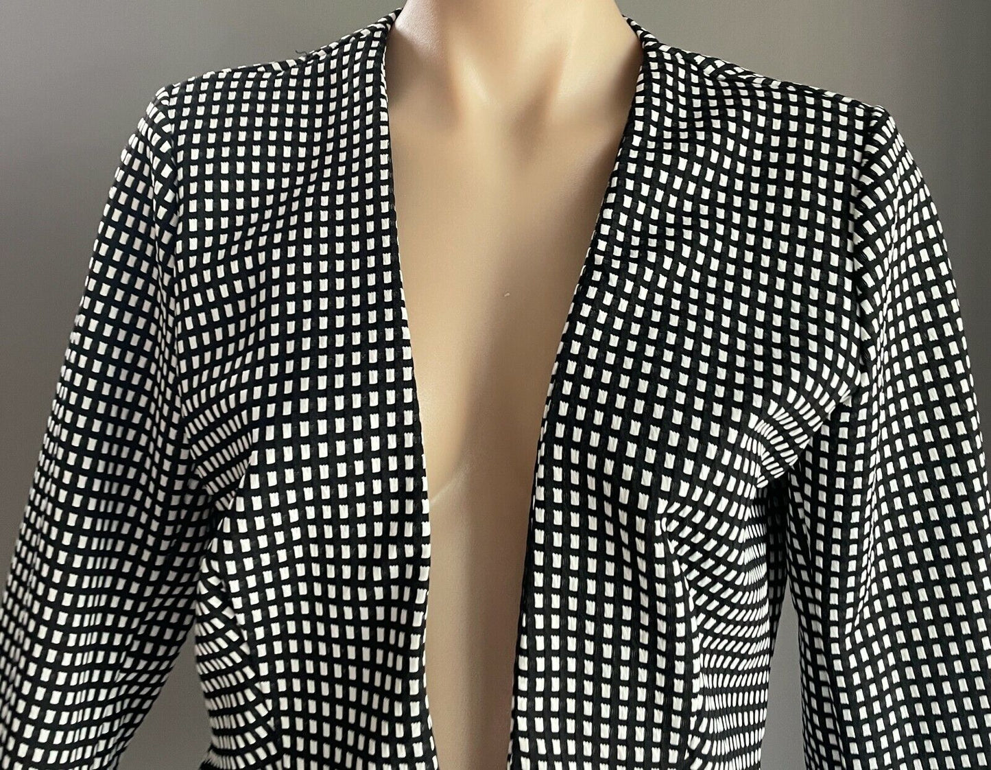 ICE FASHION Jacket Black White Check Print Collarless Long Sleeve Size XL 12 NEW