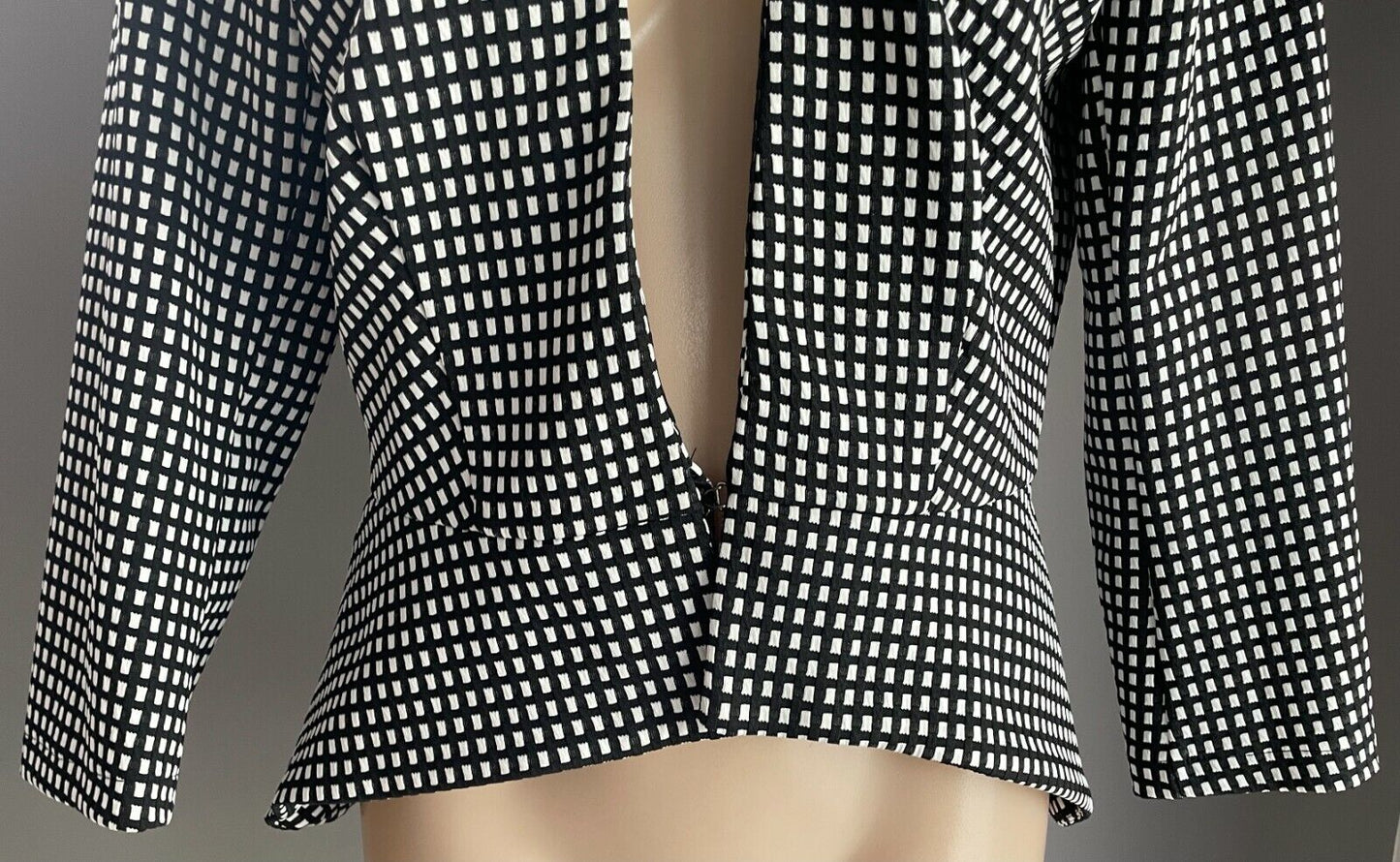 ICE FASHION Jacket Black White Check Print Collarless Long Sleeve Size XL 12 NEW