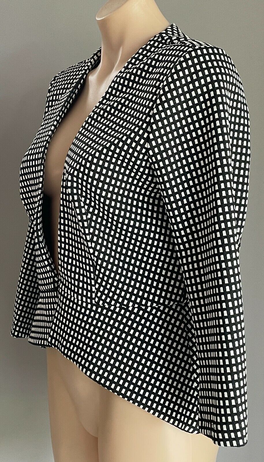 ICE FASHION Jacket Black White Check Print Collarless Long Sleeve Size XL 12 NEW