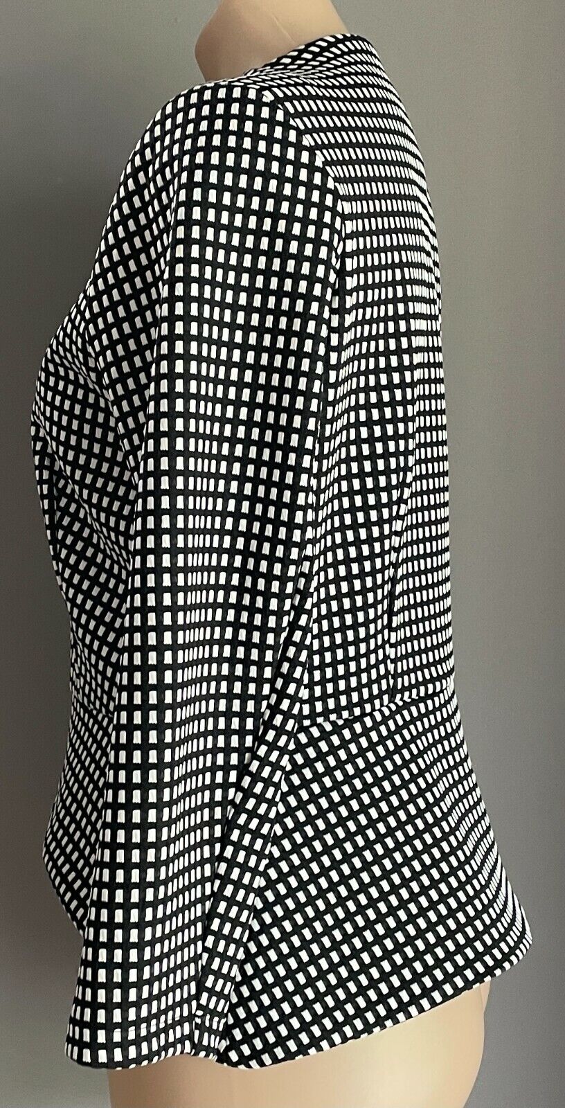 ICE FASHION Jacket Black White Check Print Collarless Long Sleeve Size XL 12 NEW
