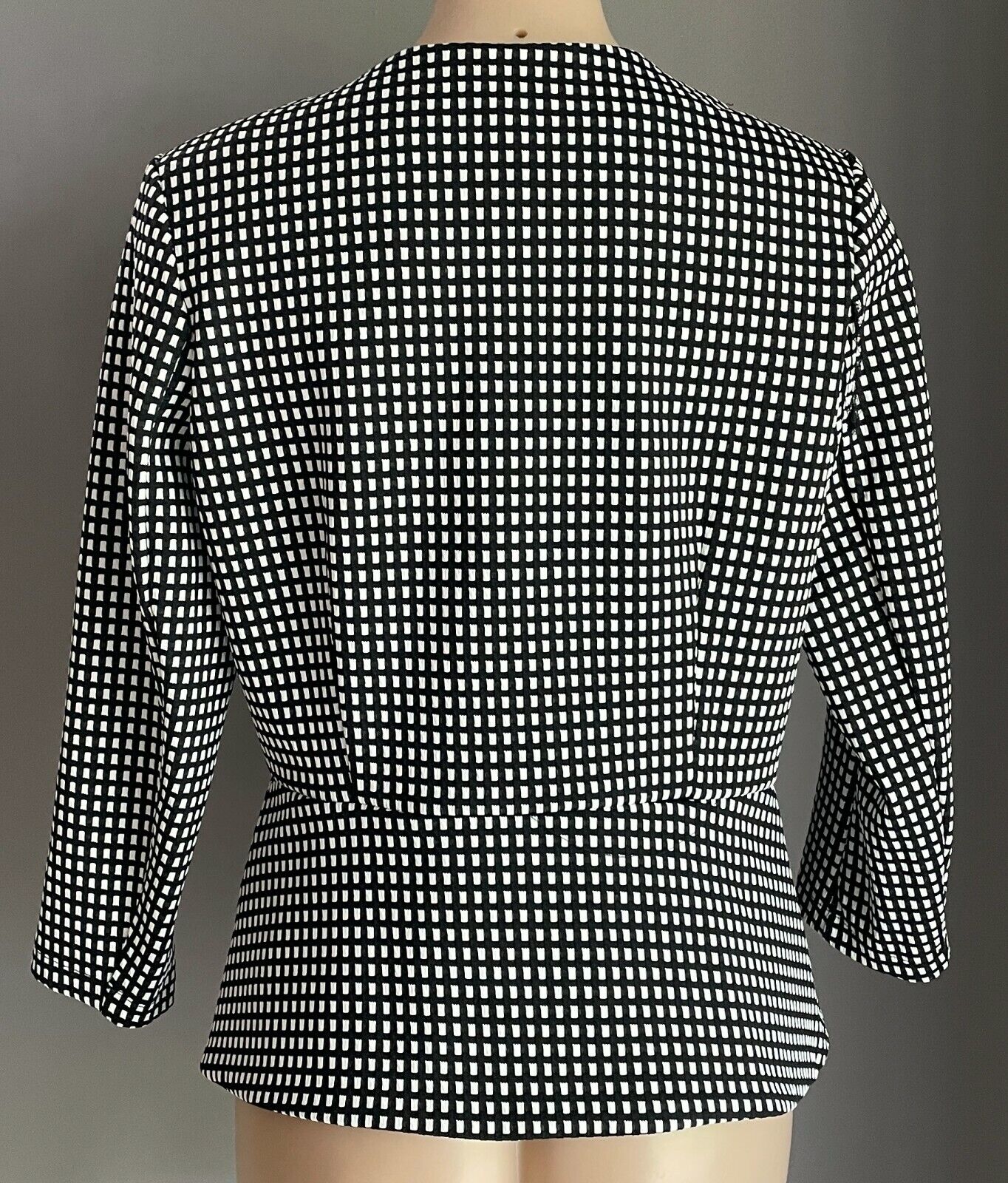 ICE FASHION Jacket Black White Check Print Collarless Long Sleeve Size XL 12 NEW