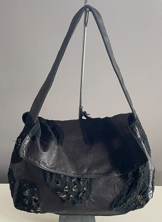 KOOKAI Shoulder Bag Black Textured Leather Lace Inserts Stunning Retro Gem