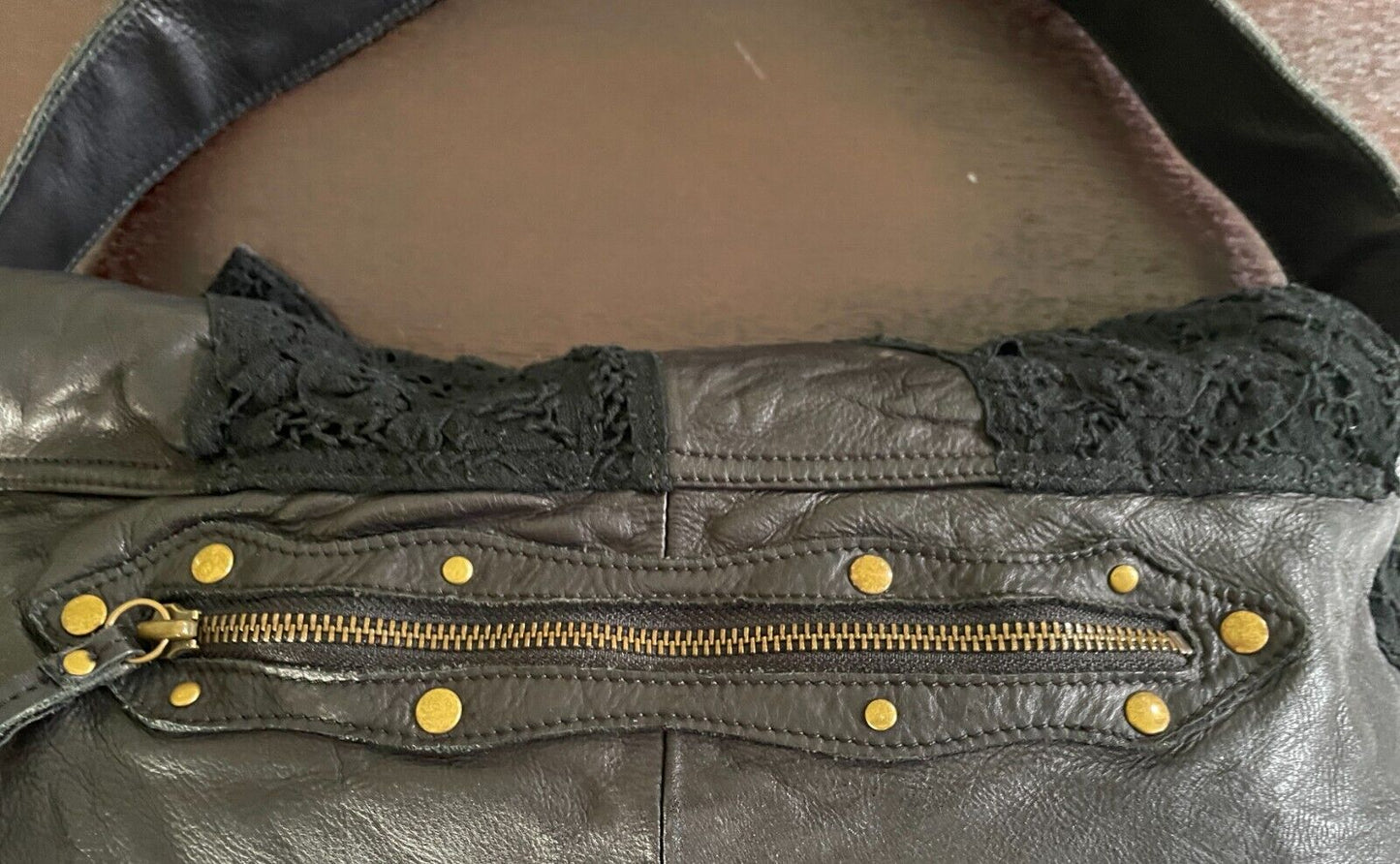 KOOKAI Shoulder Bag Black Textured Leather Lace Inserts Stunning Retro Gem