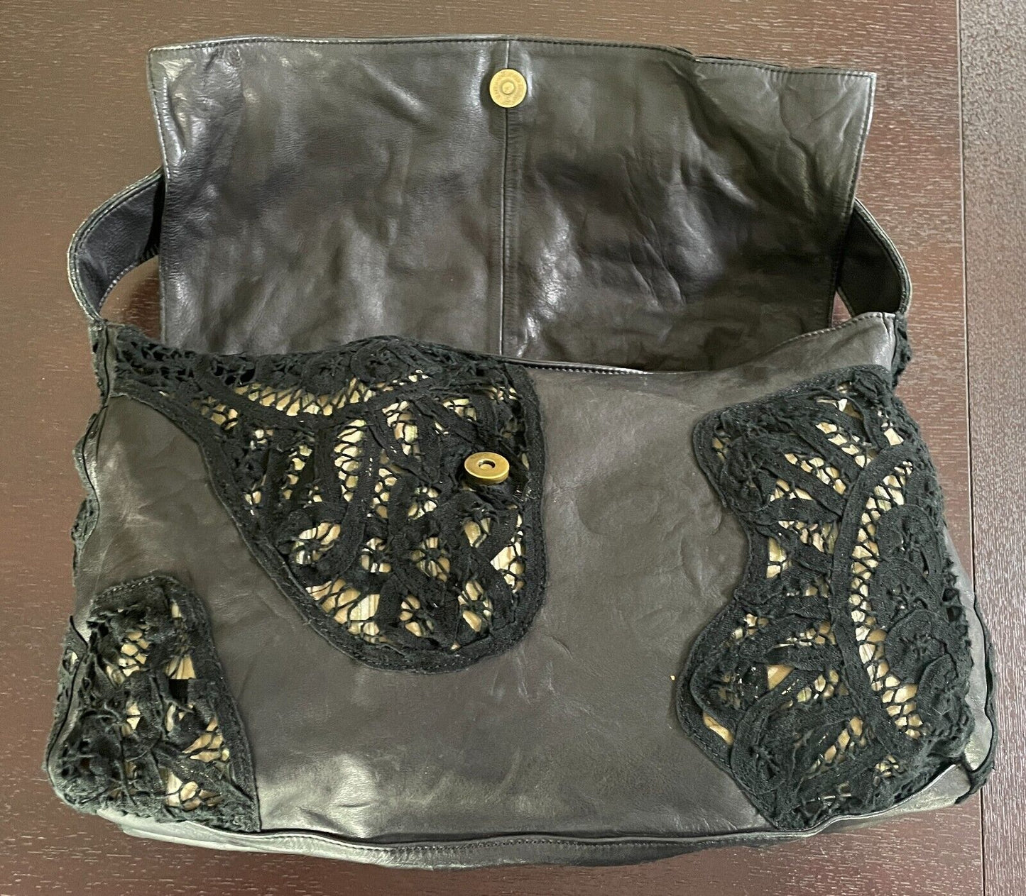 KOOKAI Shoulder Bag Black Textured Leather Lace Inserts Stunning Retro Gem