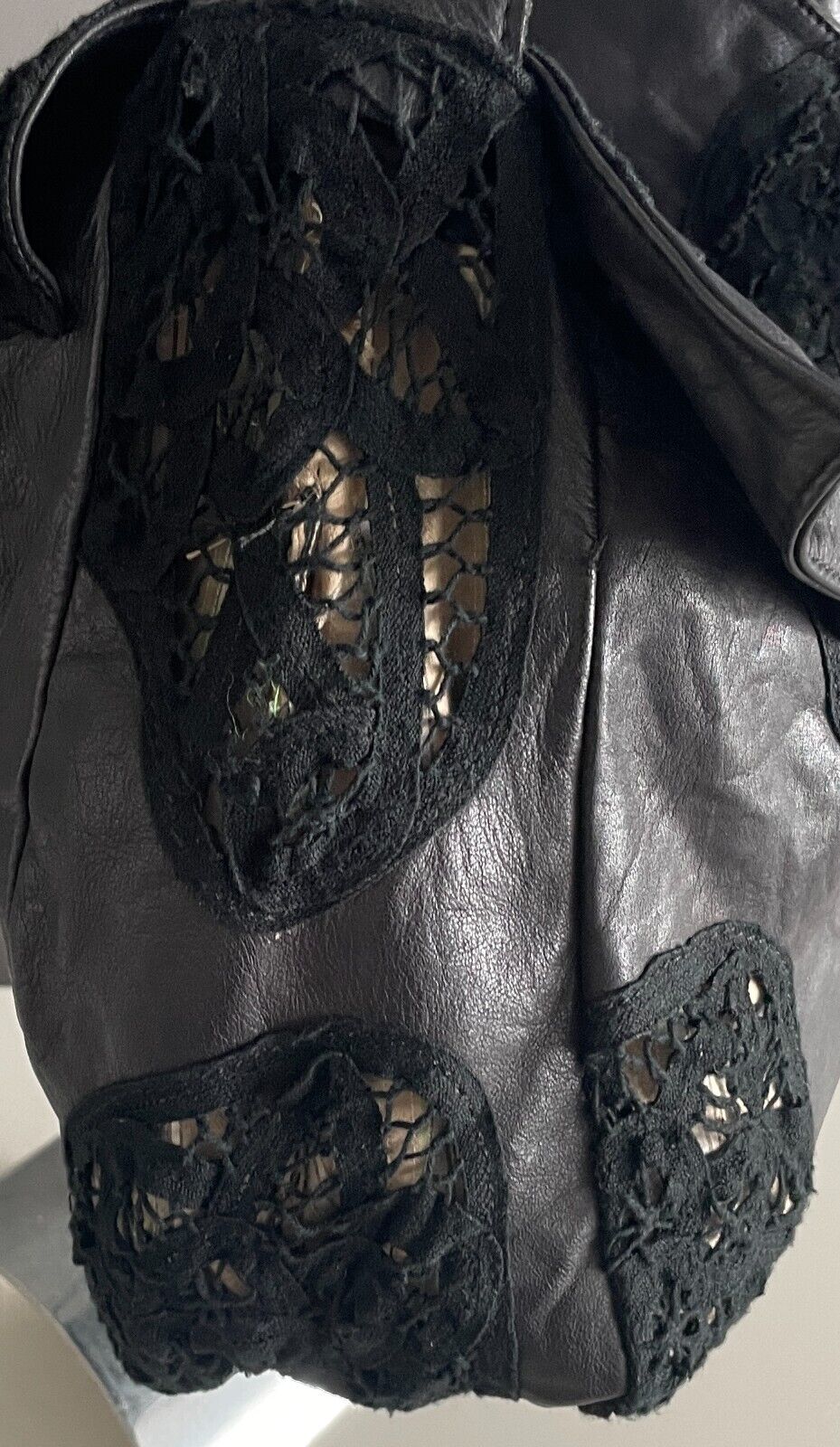 KOOKAI Shoulder Bag Black Textured Leather Lace Inserts Stunning Retro Gem
