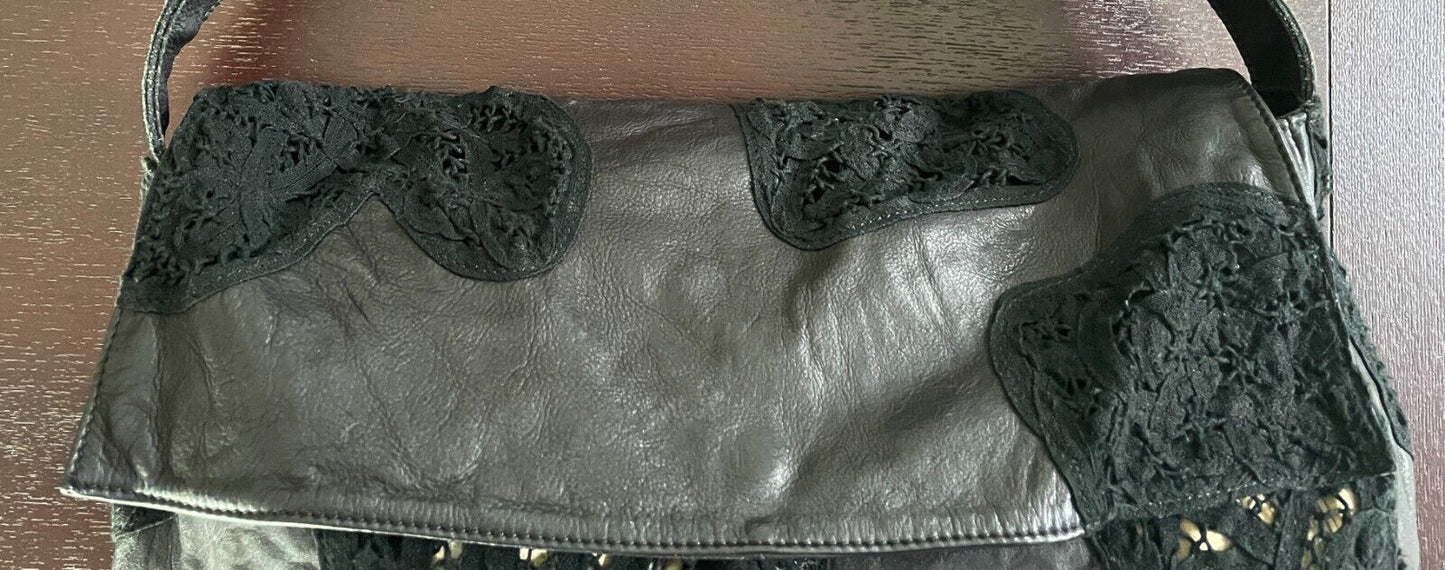 KOOKAI Shoulder Bag Black Textured Leather Lace Inserts Stunning Retro Gem