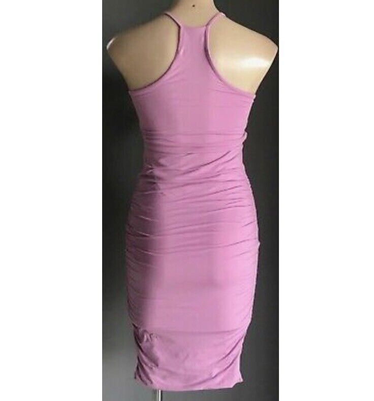 KOOKAI "Tara Vee" Bodycon Dress Lilac Ruched Racer Back Stretch Midi US 1 AU8 10