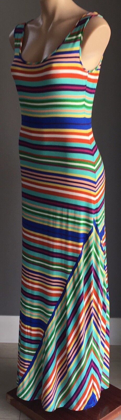 CALVIN KLEIN Maxi Dress Stripe Sleeveless Casual Multi Colour Size 8 10 Retro