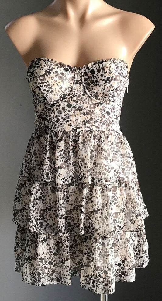 GUESS Strapless Dress Brown White Beige Floral Bustier Tier Ladies Size S 10 NEW