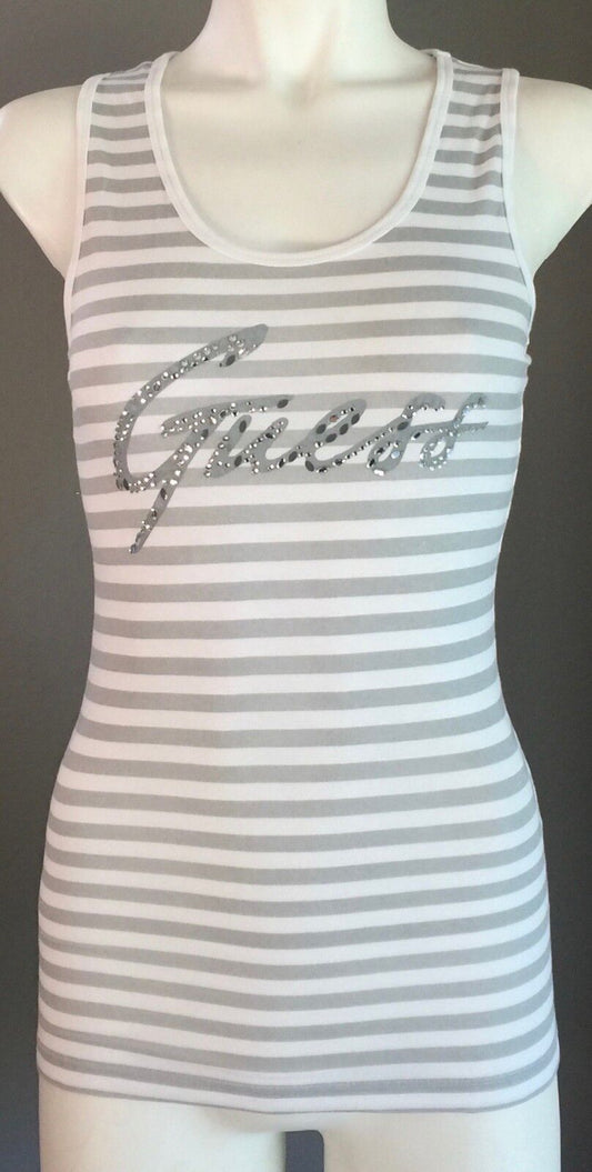 GUESS Tank Top White & Grey Stripe Racer Back Embellished Motif Tee Size S 6  8