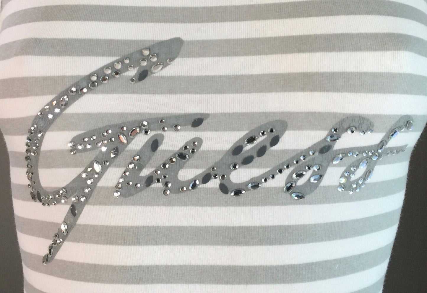 GUESS Tank Top White & Grey Stripe Racer Back Embellished Motif Tee Size S 6  8