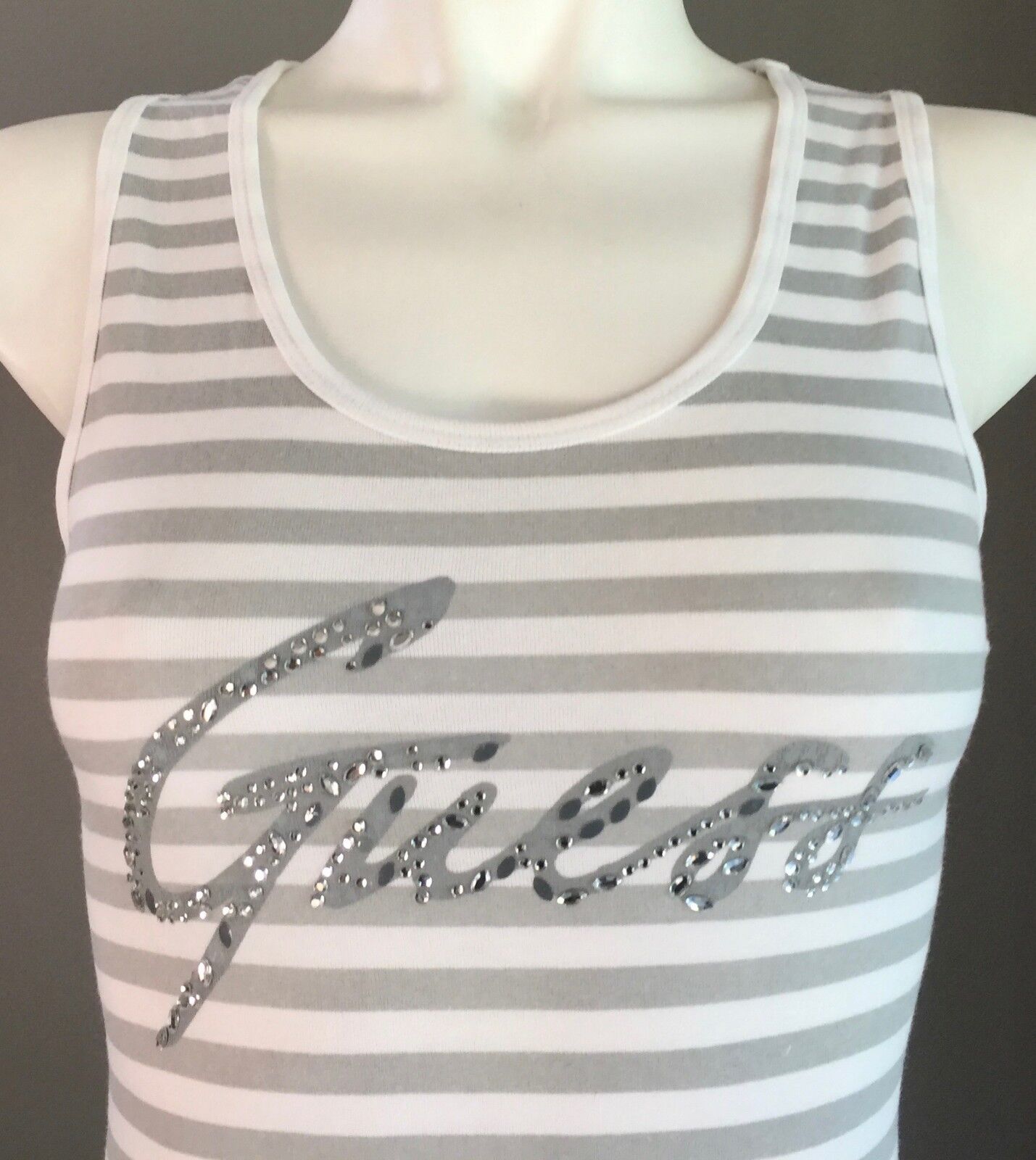 GUESS Tank Top White & Grey Stripe Racer Back Embellished Motif Tee Size S 6  8
