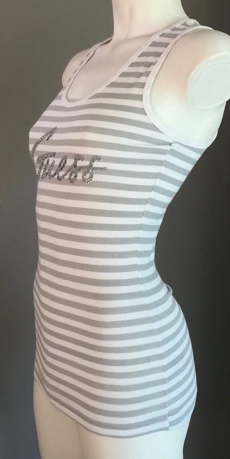 GUESS Tank Top White & Grey Stripe Racer Back Embellished Motif Tee Size S 6  8