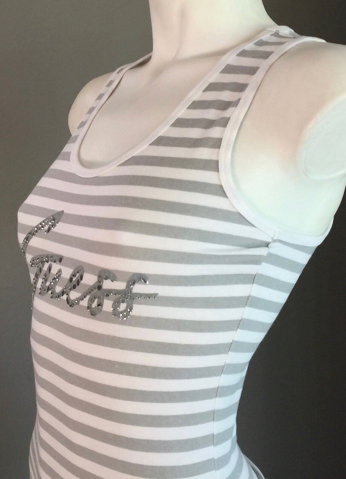 GUESS Tank Top White & Grey Stripe Racer Back Embellished Motif Tee Size S 6  8
