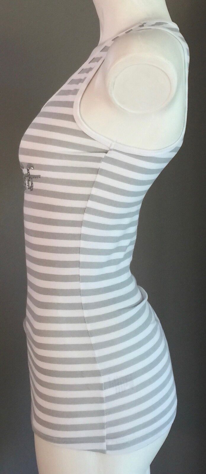 GUESS Tank Top White & Grey Stripe Racer Back Embellished Motif Tee Size S 6  8