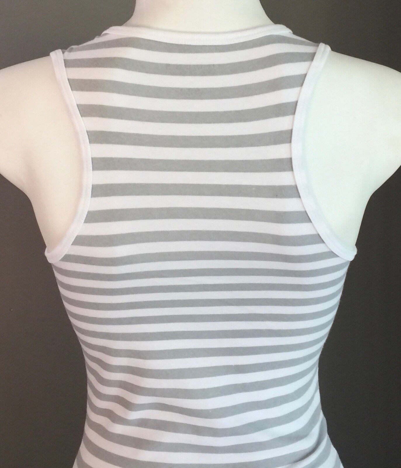 GUESS Tank Top White & Grey Stripe Racer Back Embellished Motif Tee Size S 6  8