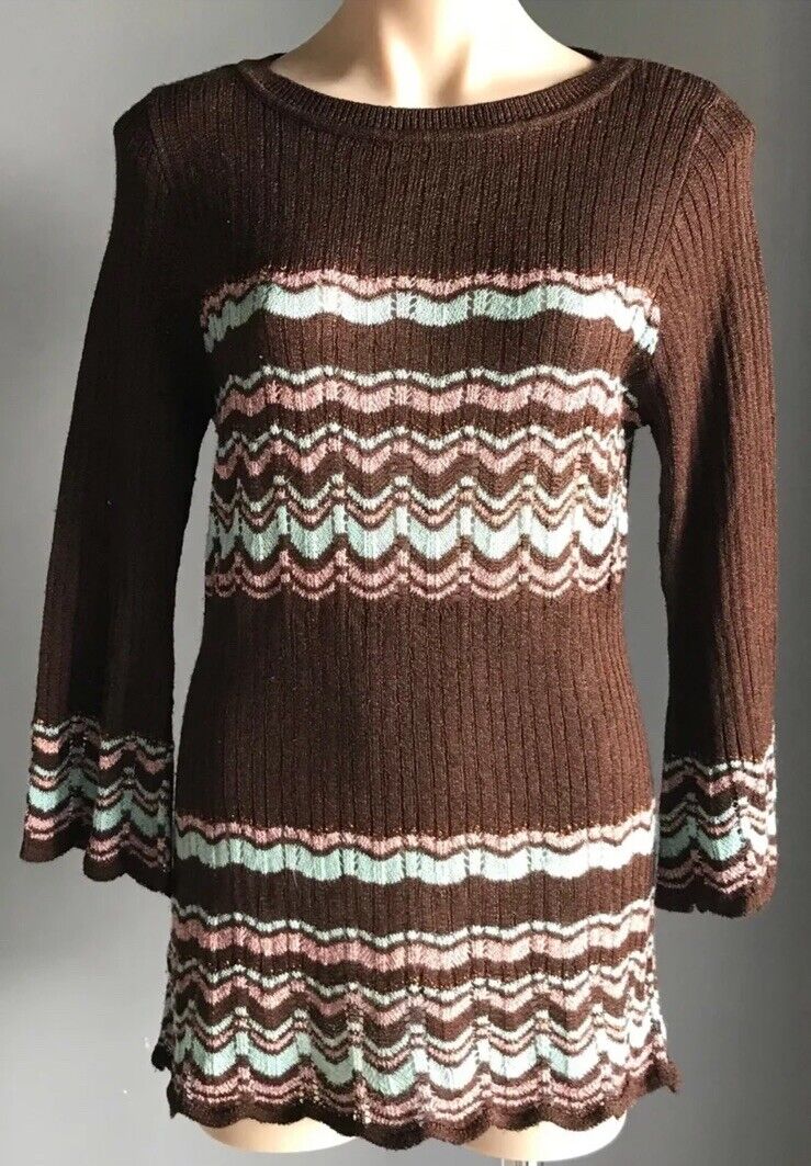 JEANSWEST Jumper Bell Sleeve Bronze Pink Mint Metallic Rib Knit Sz XL 12 1990's