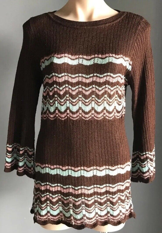 JEANSWEST Jumper Bell Sleeve Bronze Pink Mint Metallic Rib Knit Sz XL 12 1990's