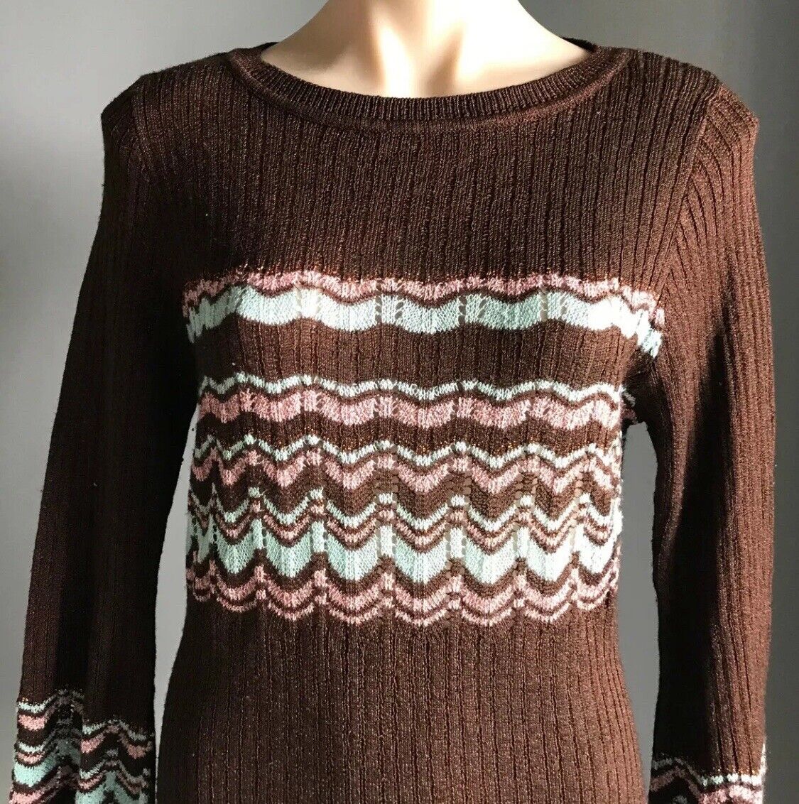 JEANSWEST Jumper Bell Sleeve Bronze Pink Mint Metallic Rib Knit Sz XL 12 1990's
