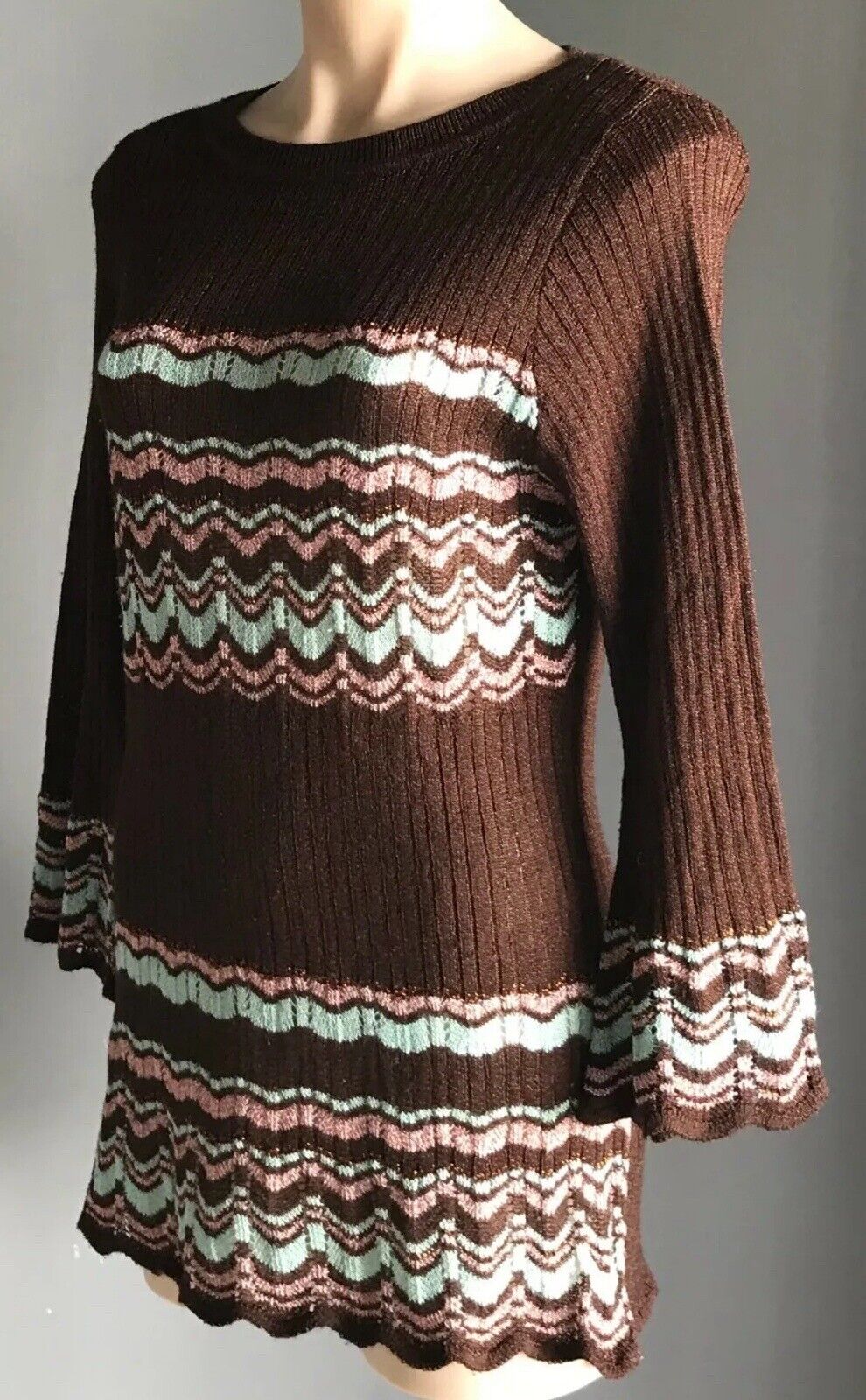 JEANSWEST Jumper Bell Sleeve Bronze Pink Mint Metallic Rib Knit Sz XL 12 1990's