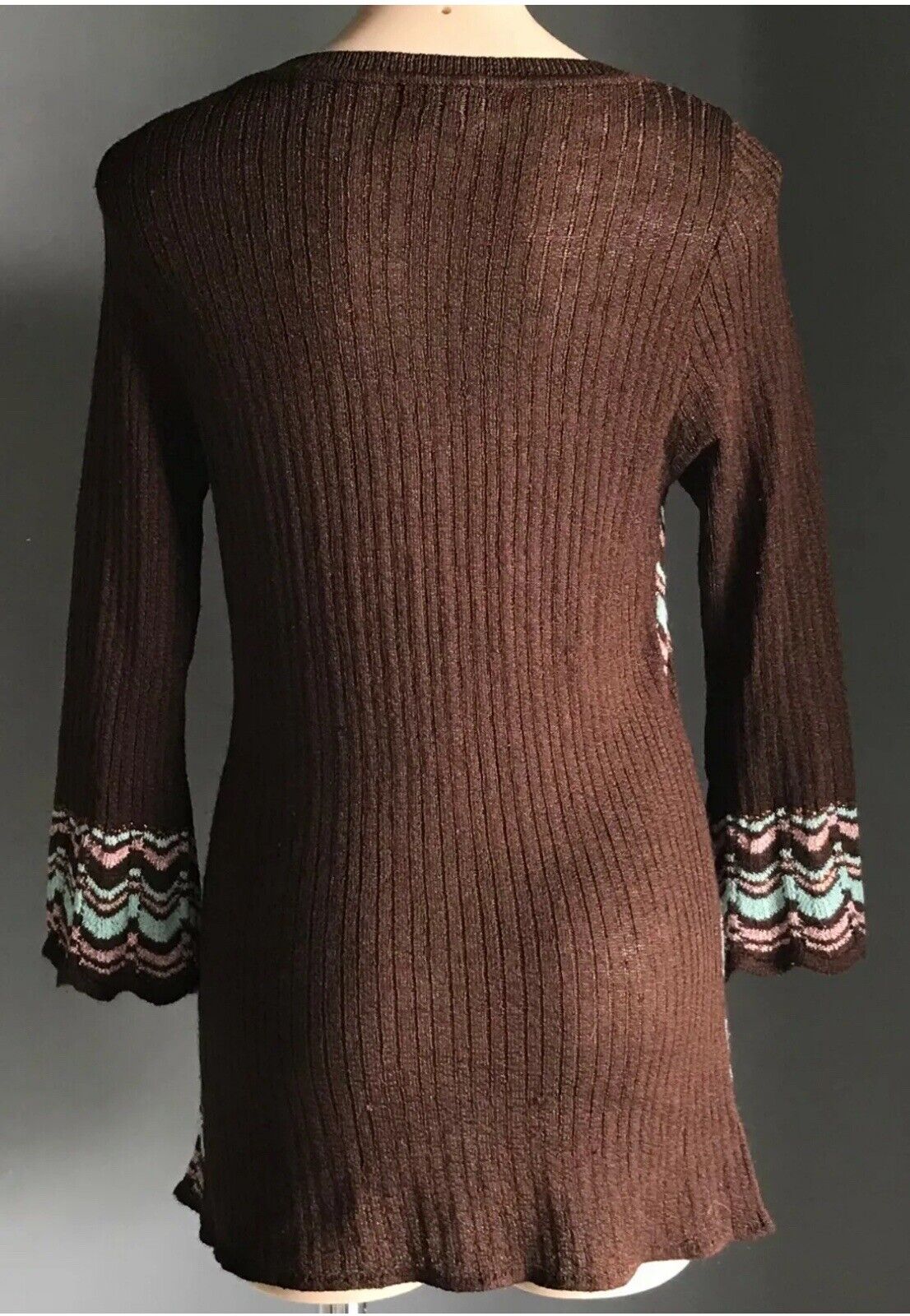 JEANSWEST Jumper Bell Sleeve Bronze Pink Mint Metallic Rib Knit Sz XL 12 1990's